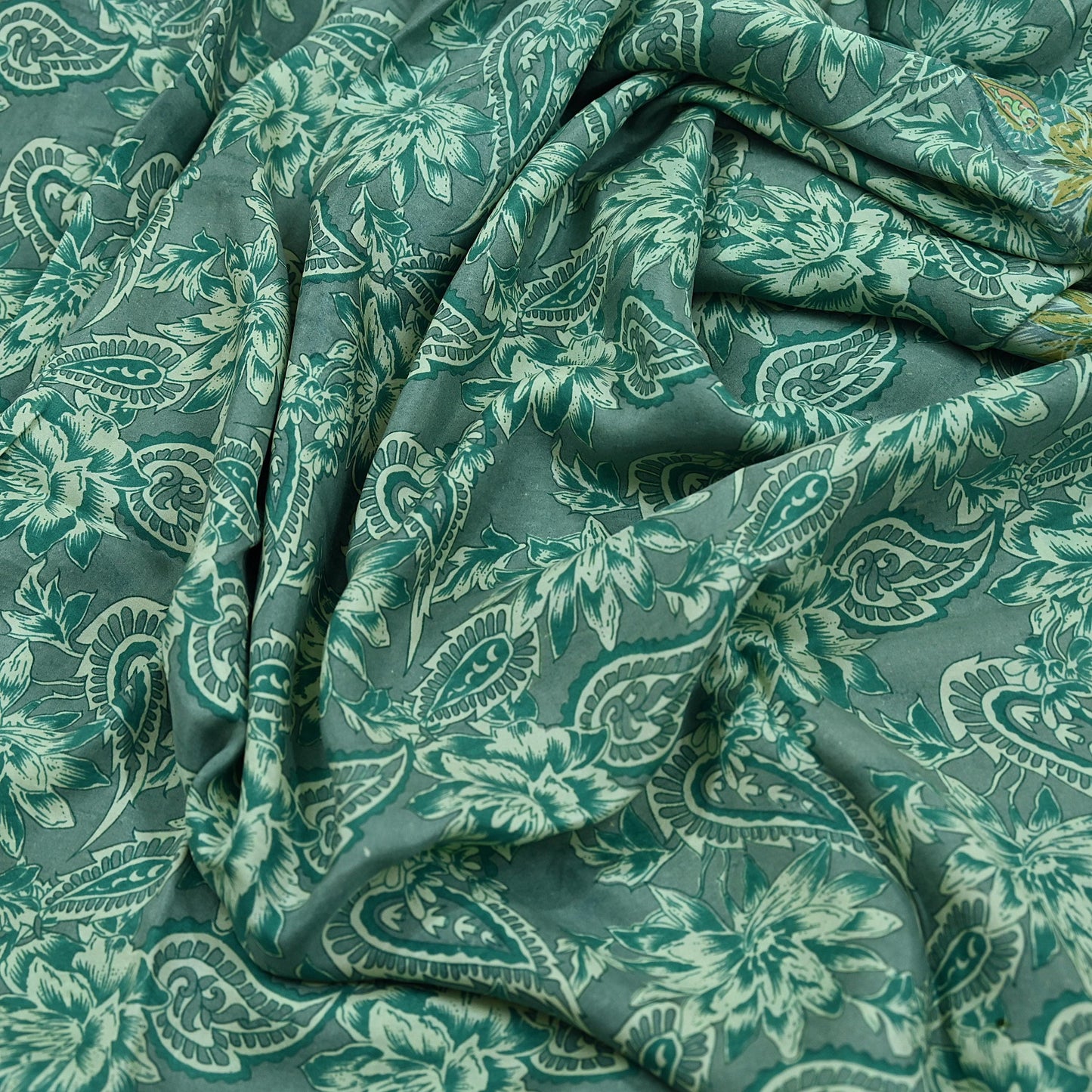 Vintage Gray & Green Pure Silk Saree Indian Printed Floral Silk Fabric 5 Yard Soft Sewing Material for Dressmaking, Quilting Crafts