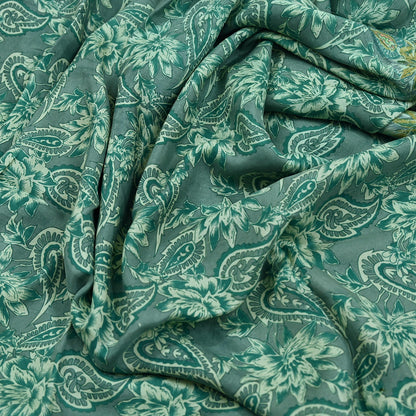 Vintage Gray & Green Pure Silk Saree Indian Printed Floral Silk Fabric 5 Yard Soft Sewing Material for Dressmaking, Quilting Crafts