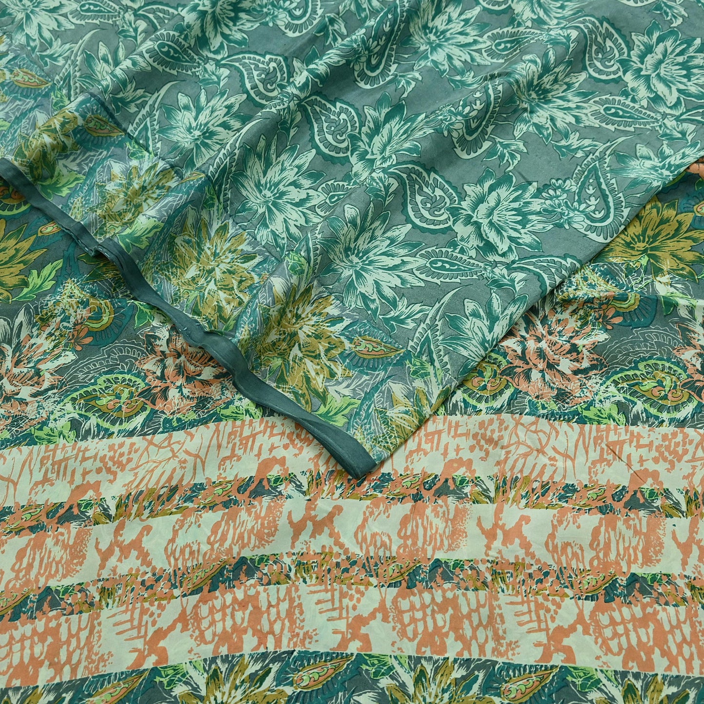 Vintage Gray & Green Pure Silk Saree Indian Printed Floral Silk Fabric 5 Yard Soft Sewing Material for Dressmaking, Quilting Crafts