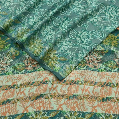 Vintage Gray & Green Pure Silk Saree Indian Printed Floral Silk Fabric 5 Yard Soft Sewing Material for Dressmaking, Quilting Crafts