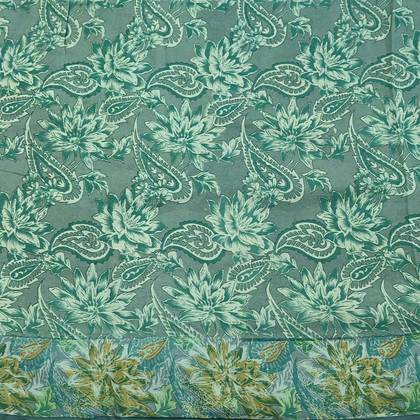 Vintage Gray & Green Pure Silk Saree Indian Printed Floral Silk Fabric 5 Yard Soft Sewing Material for Dressmaking, Quilting Crafts