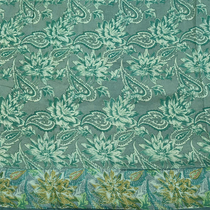 Vintage Gray & Green Pure Silk Saree Indian Printed Floral Silk Fabric 5 Yard Soft Sewing Material for Dressmaking, Quilting Crafts