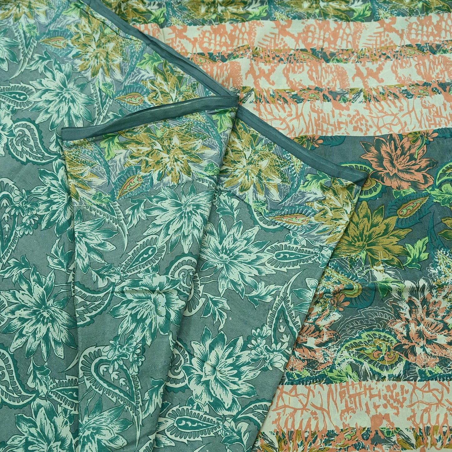 Vintage Gray & Green Pure Silk Saree Indian Printed Floral Silk Fabric 5 Yard Soft Sewing Material for Dressmaking, Quilting Crafts