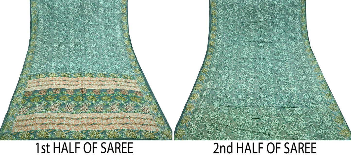 Vintage Gray & Green Pure Silk Saree Indian Printed Floral Silk Fabric 5 Yard Soft Sewing Material for Dressmaking, Quilting Crafts