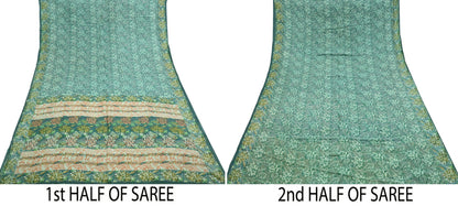 Vintage Gray & Green Pure Silk Saree Indian Printed Floral Silk Fabric 5 Yard Soft Sewing Material for Dressmaking, Quilting Crafts