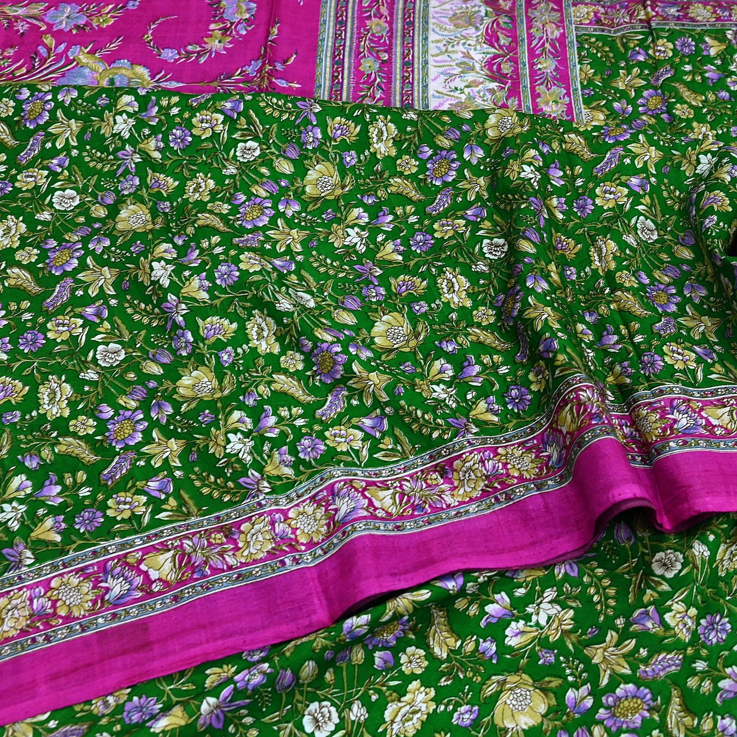 Vintage Indian Silk Saree Fabric: Pink & Green Floral Print, yd craft fabric quilting crafting