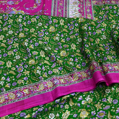 Vintage Indian Silk Saree Fabric: Pink & Green Floral Print, yd craft fabric quilting crafting