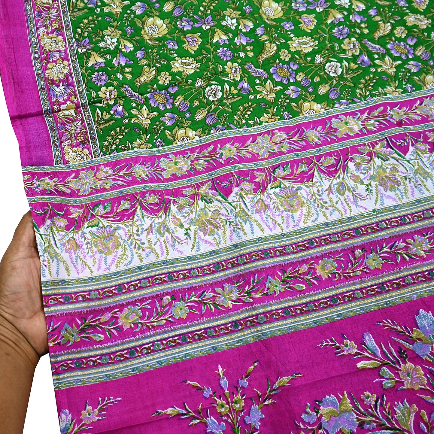 Vintage Indian Silk Saree Fabric: Pink & Green Floral Print, yd craft fabric quilting crafting