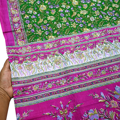 Vintage Indian Silk Saree Fabric: Pink & Green Floral Print, yd craft fabric quilting crafting