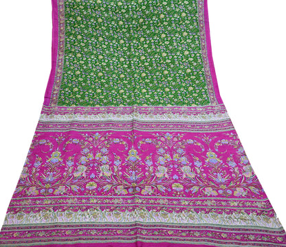 Vintage Indian Silk Saree Fabric: Pink & Green Floral Print, yd craft fabric quilting crafting