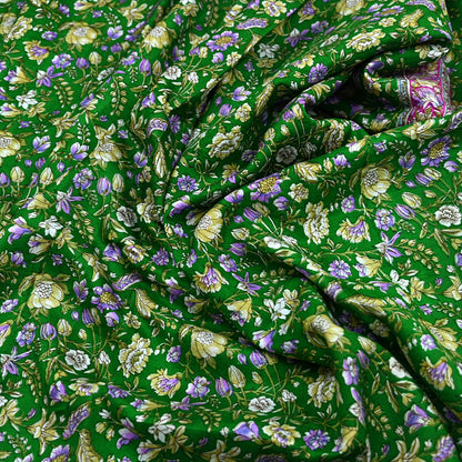 Vintage Indian Silk Saree Fabric: Pink & Green Floral Print, yd craft fabric quilting crafting
