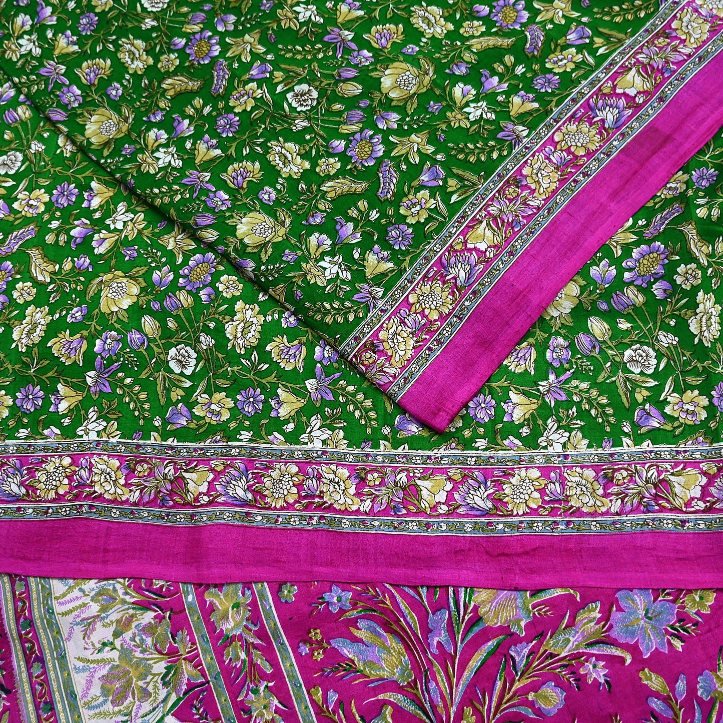 Vintage Indian Silk Saree Fabric: Pink & Green Floral Print, yd craft fabric quilting crafting