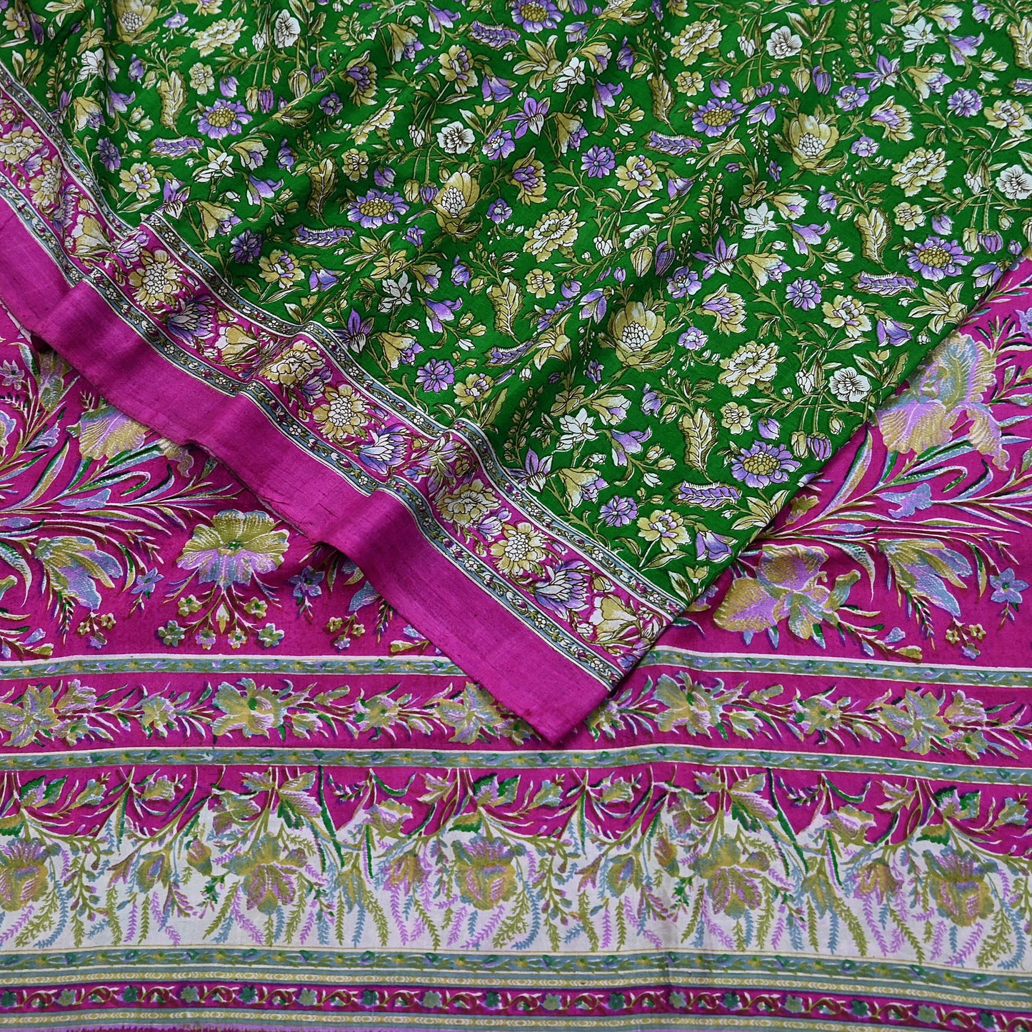 Vintage Indian Silk Saree Fabric: Pink & Green Floral Print, yd craft fabric quilting crafting