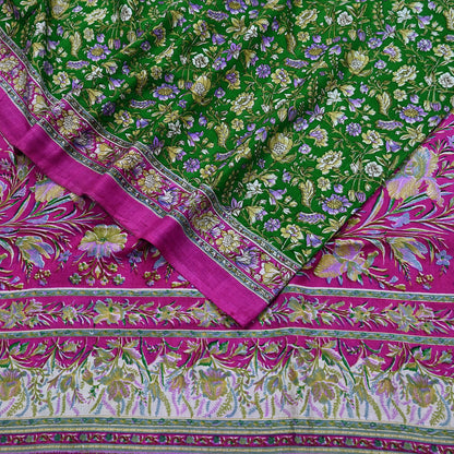 Vintage Indian Silk Saree Fabric: Pink & Green Floral Print, yd craft fabric quilting crafting