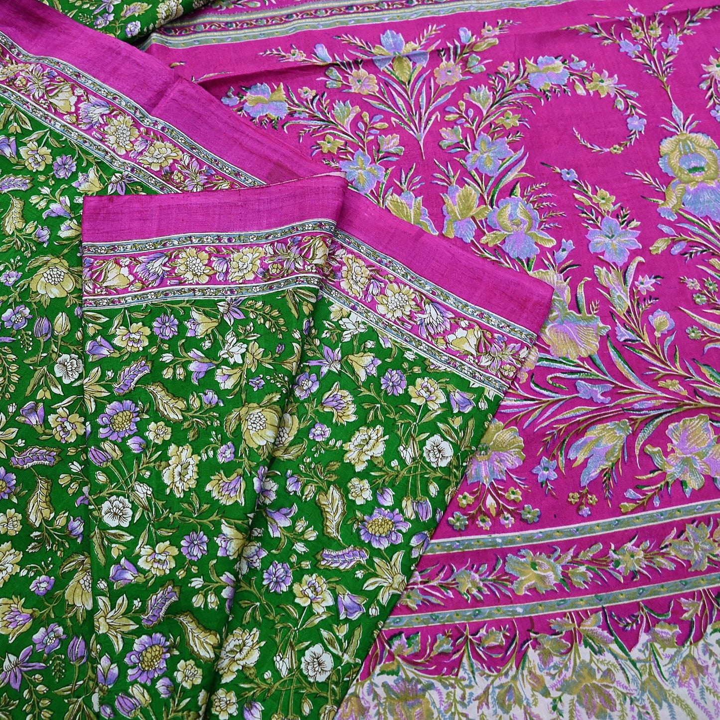 Vintage Indian Silk Saree Fabric: Pink & Green Floral Print, yd craft fabric quilting crafting