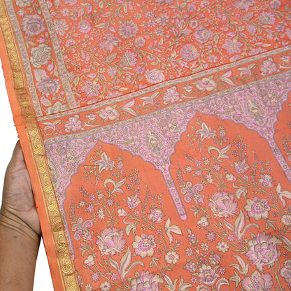 Indian Vintage Sari Orange 100% Pure Silk Printed Saree Craft Fabric 5yd Sewing Dress Making Soft Wrap Paisley Quilting Crafting Upcycle
