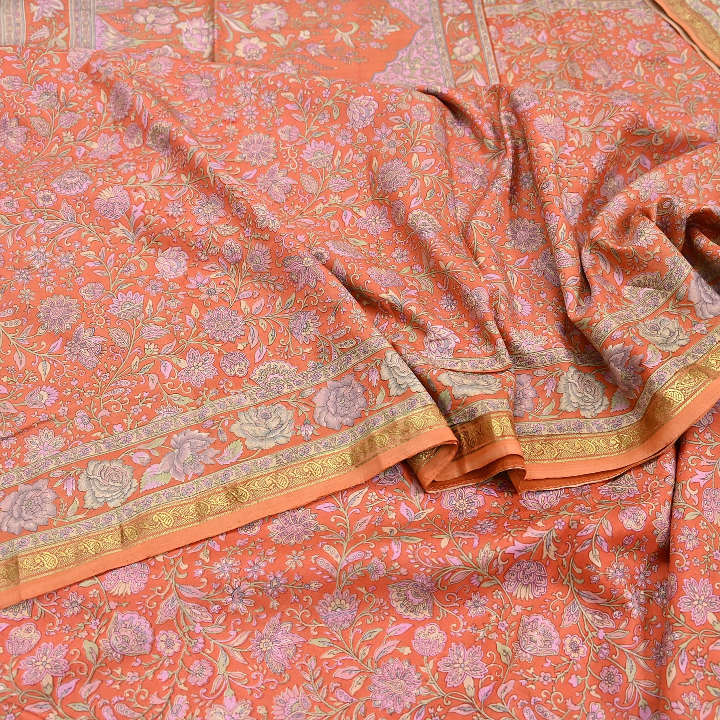 Indian Vintage Sari Orange 100% Pure Silk Printed Saree Craft Fabric 5yd Sewing Dress Making Soft Wrap Paisley Quilting Crafting Upcycle