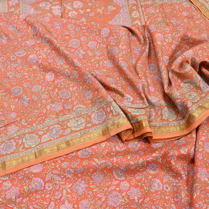 Indian Vintage Sari Orange 100% Pure Silk Printed Saree Craft Fabric 5yd Sewing Dress Making Soft Wrap Paisley Quilting Crafting Upcycle