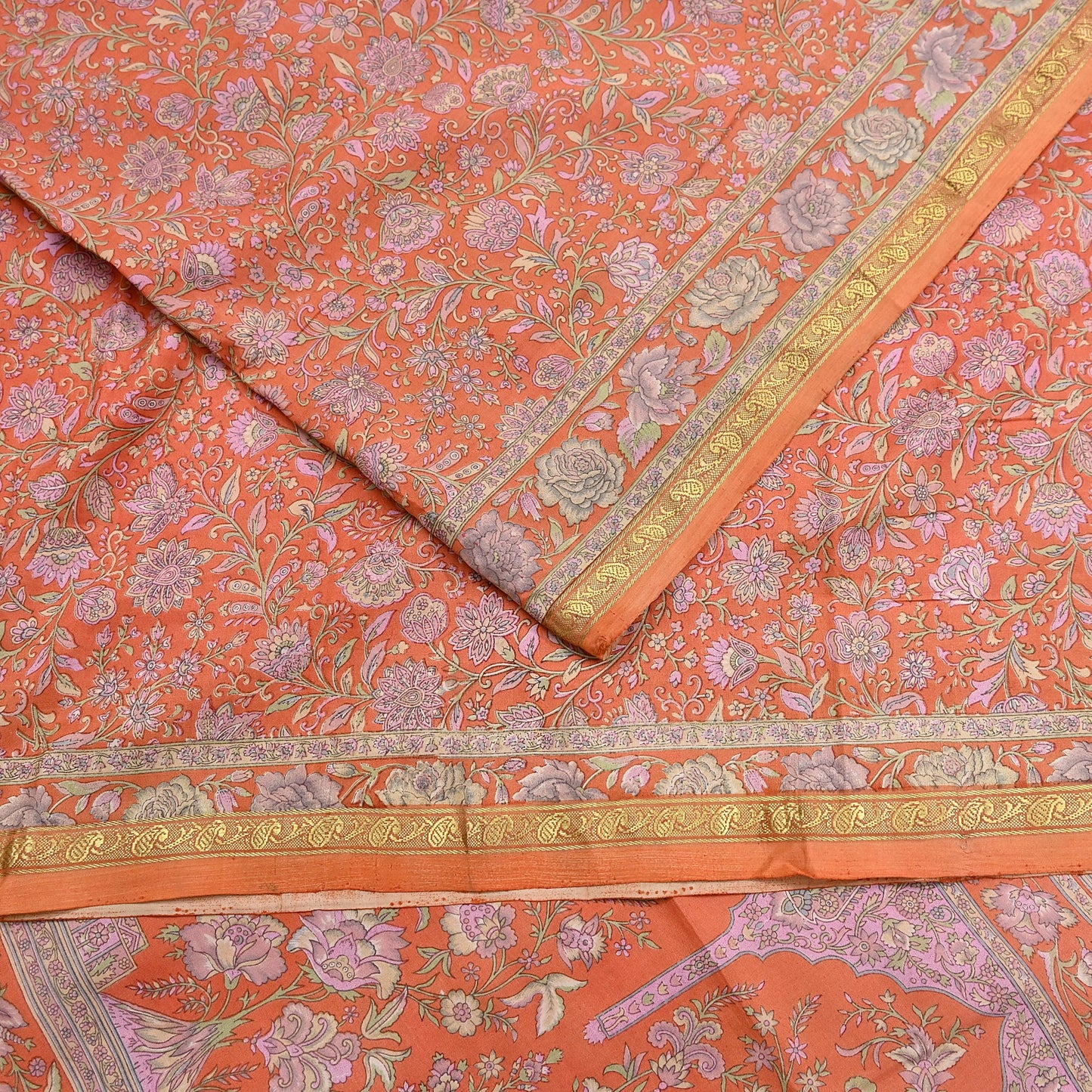 Indian Vintage Sari Orange 100% Pure Silk Printed Saree Craft Fabric 5yd Sewing Dress Making Soft Wrap Paisley Quilting Crafting Upcycle