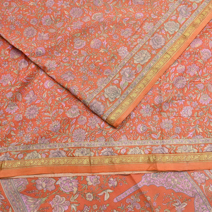 Indian Vintage Sari Orange 100% Pure Silk Printed Saree Craft Fabric 5yd Sewing Dress Making Soft Wrap Paisley Quilting Crafting Upcycle