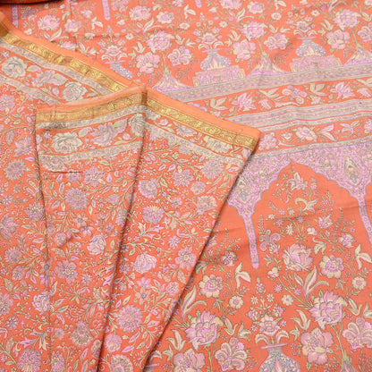 Indian Vintage Sari Orange 100% Pure Silk Printed Saree Craft Fabric 5yd Sewing Dress Making Soft Wrap Paisley Quilting Crafting Upcycle