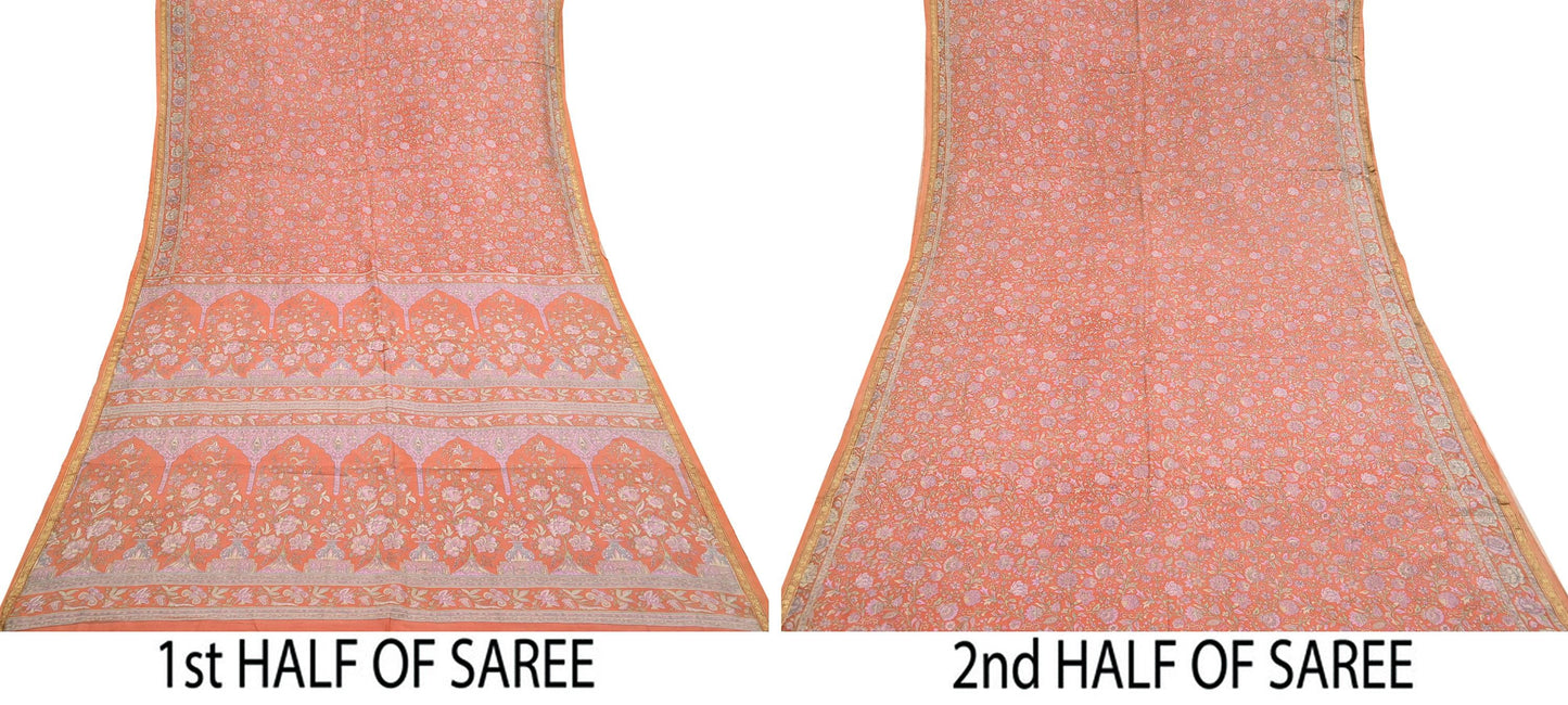 Indian Vintage Sari Orange 100% Pure Silk Printed Saree Craft Fabric 5yd Sewing Dress Making Soft Wrap Paisley Quilting Crafting Upcycle
