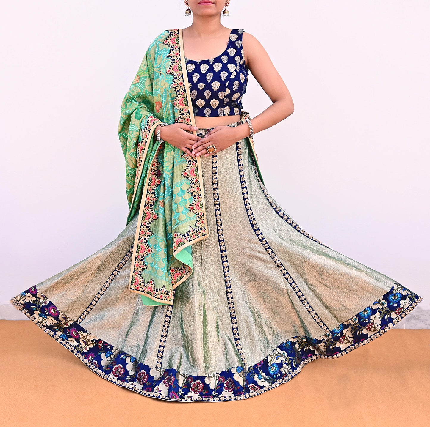 Indian Pre-Owned Party Wear Green & Blue Pure Tissue, Pure Georgette, Satin Hand Embroidered Lehenga 2pcs Set Designer By Anamika Khanna