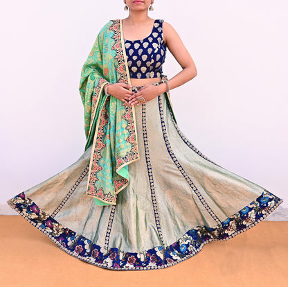 Indian Pre-Owned Party Wear Green & Blue Pure Tissue, Pure Georgette, Satin Hand Embroidered Lehenga 2pcs Set Designer By Anamika Khanna