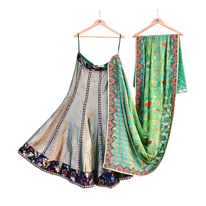 Indian Pre-Owned Party Wear Green & Blue Pure Tissue, Pure Georgette, Satin Hand Embroidered Lehenga 2pcs Set Designer By Anamika Khanna