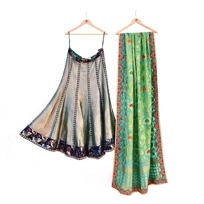 Indian Pre-Owned Party Wear Green & Blue Pure Tissue, Pure Georgette, Satin Hand Embroidered Lehenga 2pcs Set Designer By Anamika Khanna