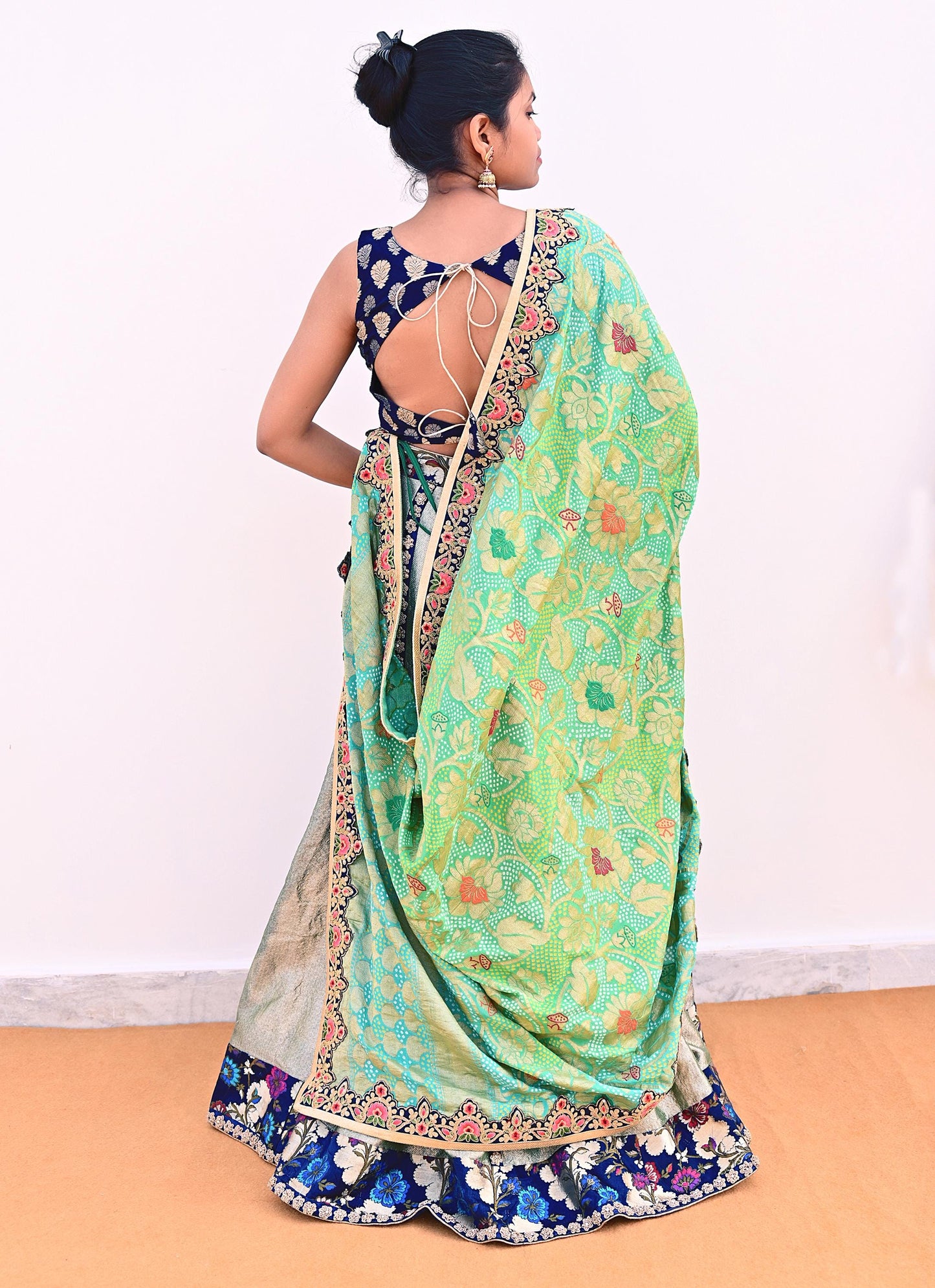 Indian Pre-Owned Party Wear Green & Blue Pure Tissue, Pure Georgette, Satin Hand Embroidered Lehenga 2pcs Set Designer By Anamika Khanna