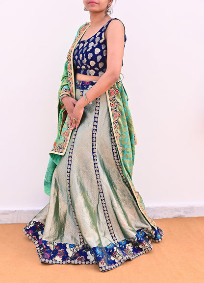 Indian Pre-Owned Party Wear Green & Blue Pure Tissue, Pure Georgette, Satin Hand Embroidered Lehenga 2pcs Set Designer By Anamika Khanna