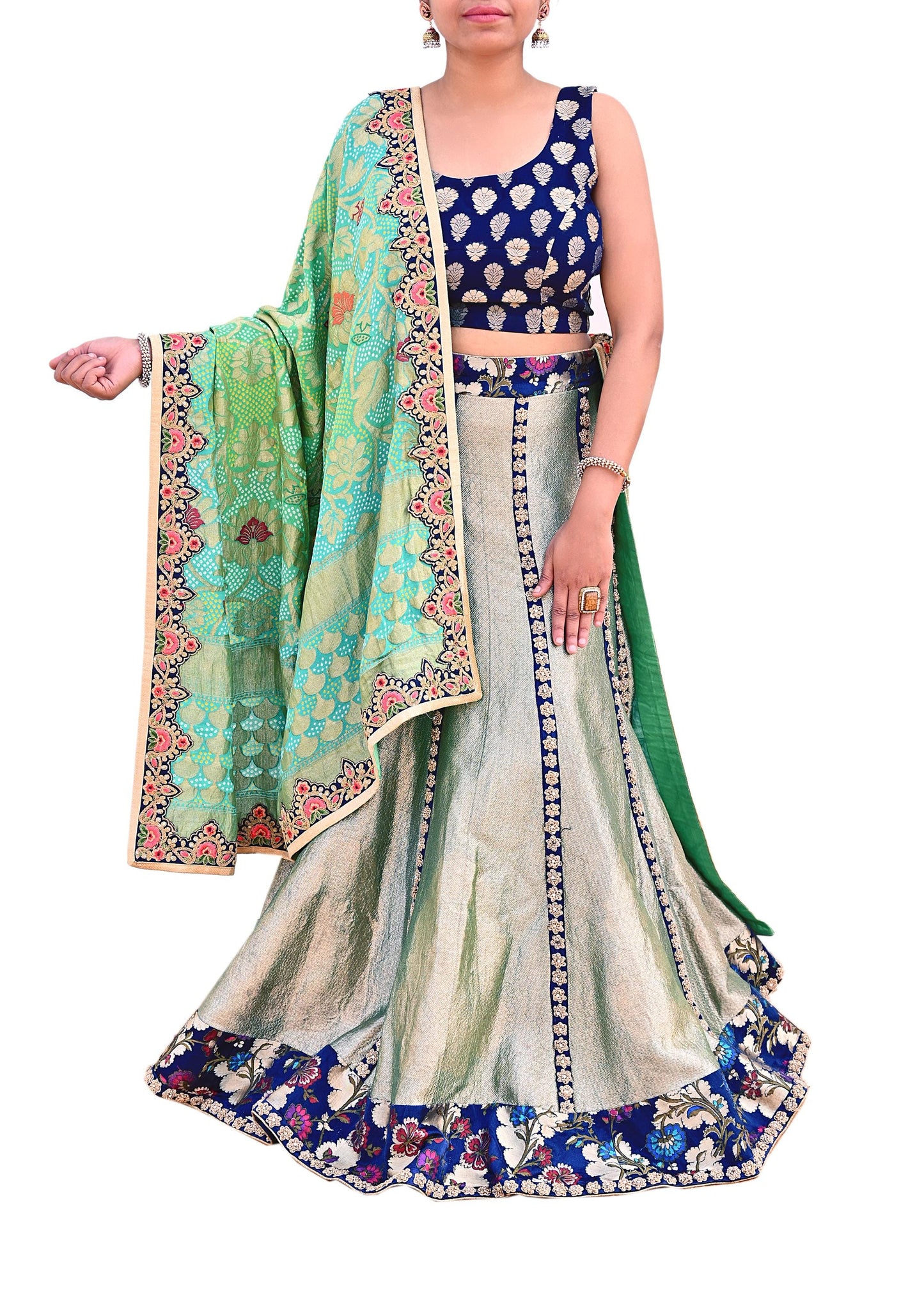 Indian Pre-Owned Party Wear Green & Blue Pure Tissue, Pure Georgette, Satin Hand Embroidered Lehenga 2pcs Set Designer By Anamika Khanna