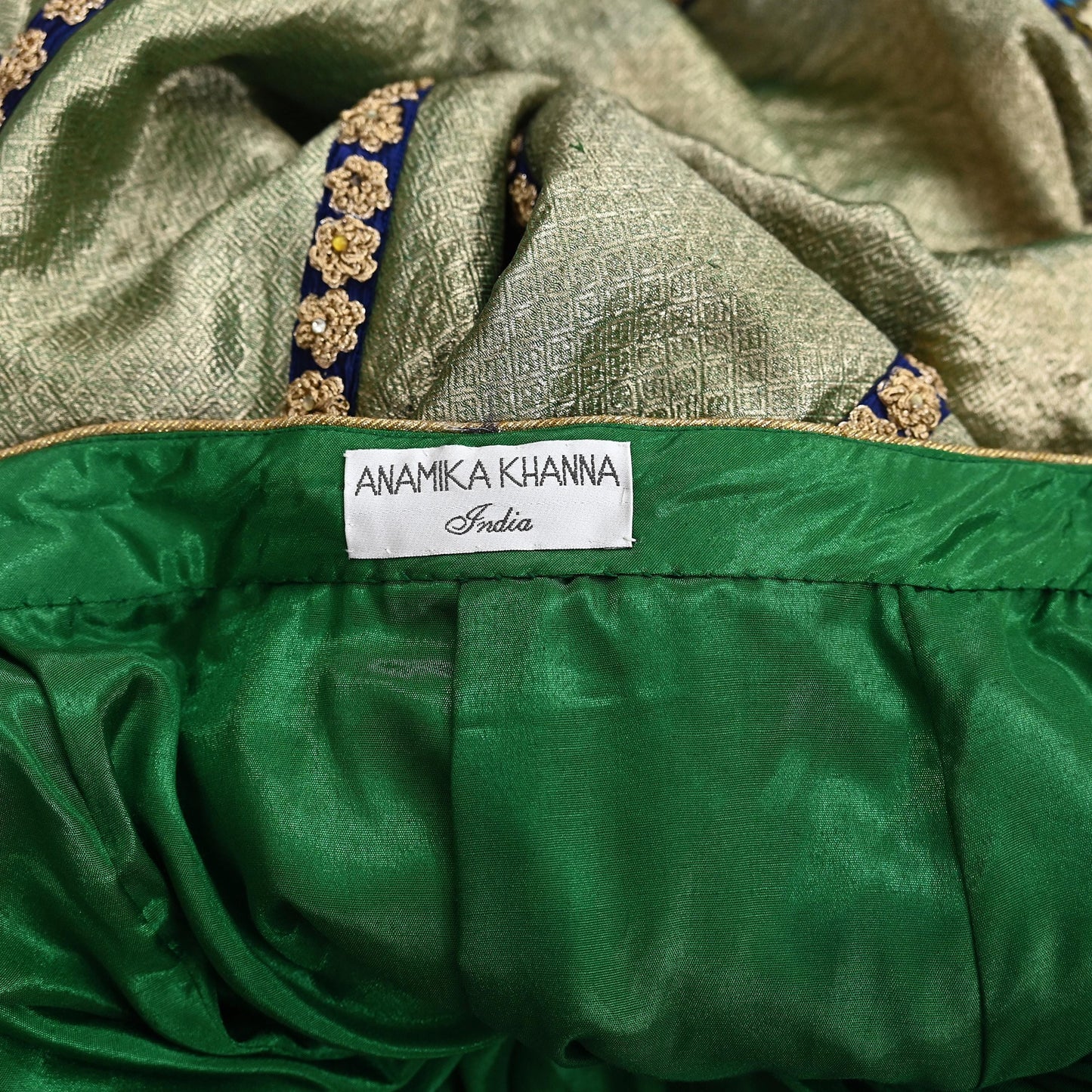 Indian Pre-Owned Party Wear Green & Blue Pure Tissue, Pure Georgette, Satin Hand Embroidered Lehenga 2pcs Set Designer By Anamika Khanna
