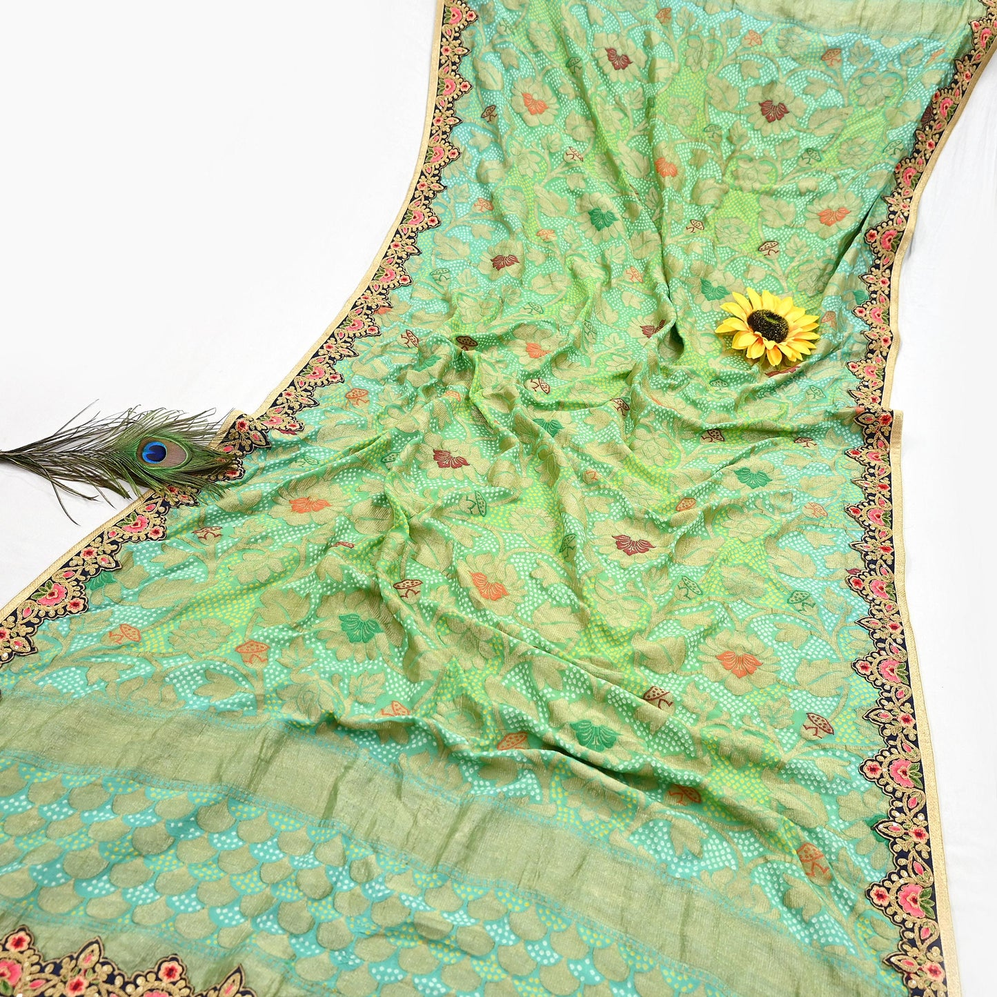 Indian Pre-Owned Party Wear Green & Blue Pure Tissue, Pure Georgette, Satin Hand Embroidered Lehenga 2pcs Set Designer By Anamika Khanna