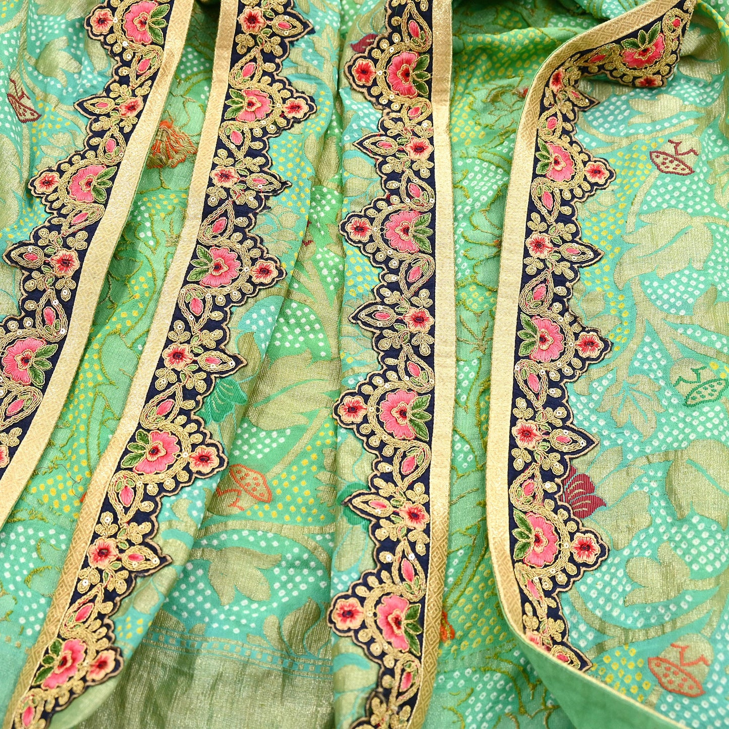 Indian Pre-Owned Party Wear Green & Blue Pure Tissue, Pure Georgette, Satin Hand Embroidered Lehenga 2pcs Set Designer By Anamika Khanna