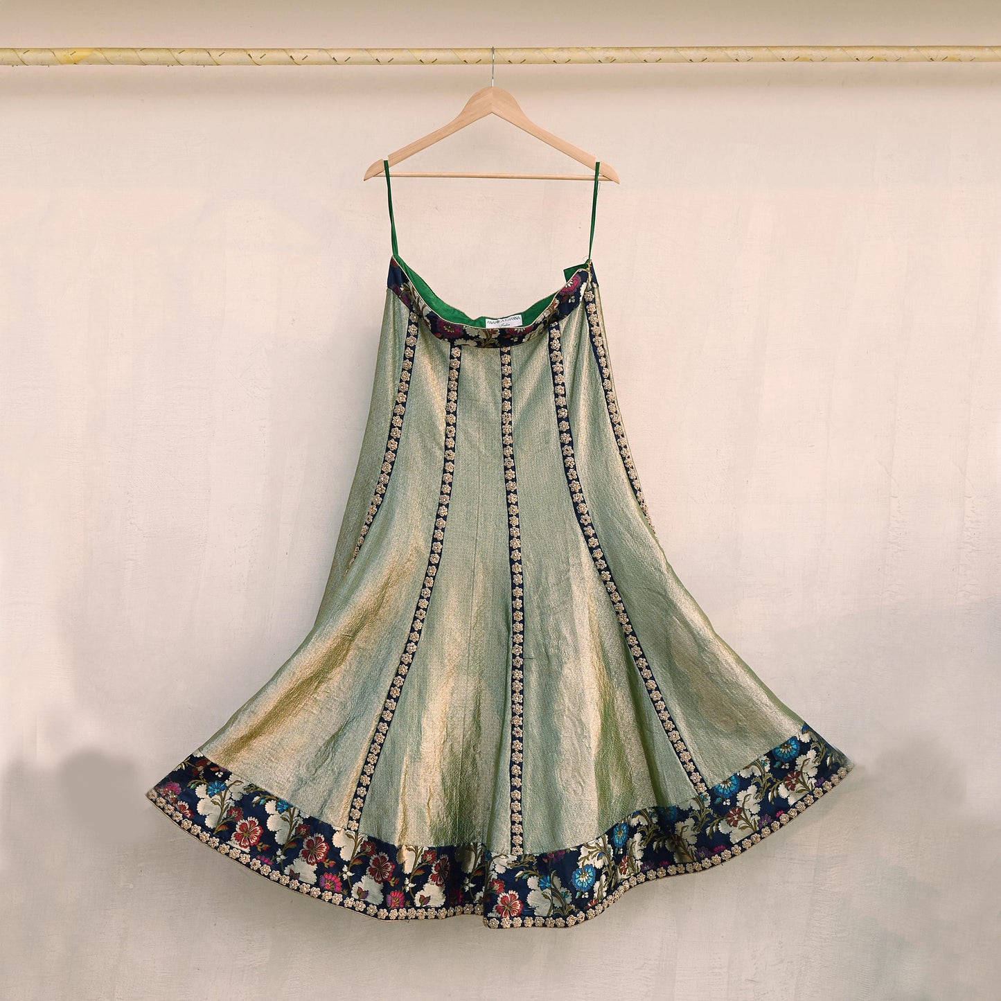 Indian Pre-Owned Party Wear Green & Blue Pure Tissue, Pure Georgette, Satin Hand Embroidered Lehenga 2pcs Set Designer By Anamika Khanna