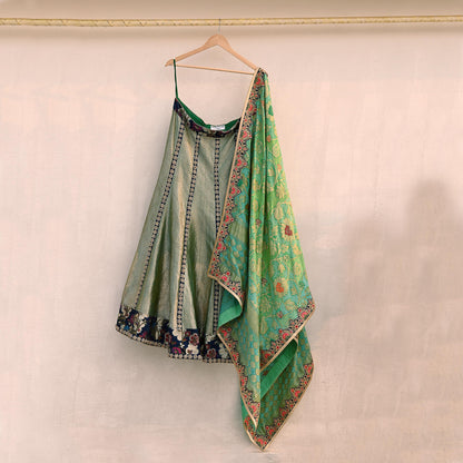 Indian Pre-Owned Party Wear Green & Blue Pure Tissue, Pure Georgette, Satin Hand Embroidered Lehenga 2pcs Set Designer By Anamika Khanna
