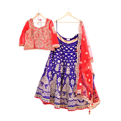 Pre-Owned Abu Jani Blue Red Raw Silk Bridal Lehenga 3pc Set, Hand Embroidered Couture Outfit, Designer Wedding Lehenga with Dupatta