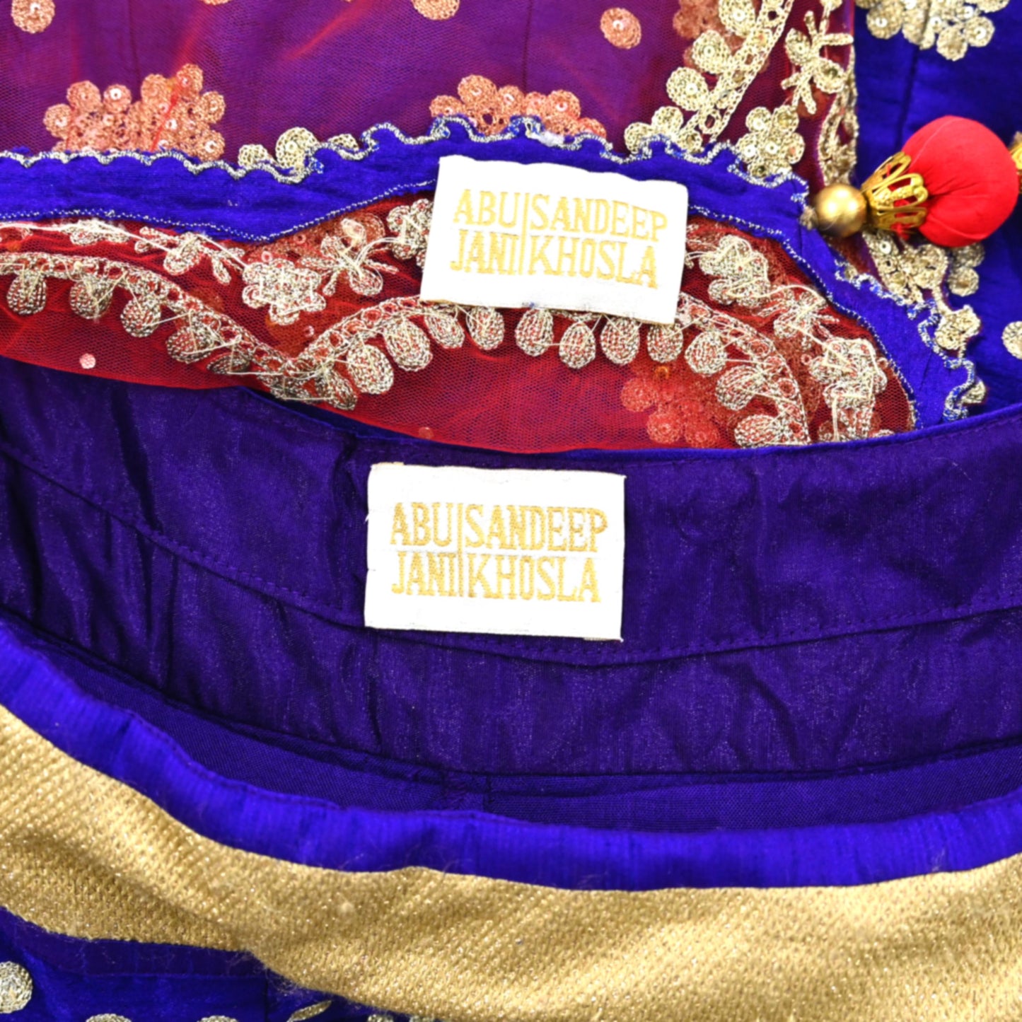 Pre-Owned Abu Jani Blue Red Raw Silk Bridal Lehenga 3pc Set, Hand Embroidered Couture Outfit, Designer Wedding Lehenga with Dupatta