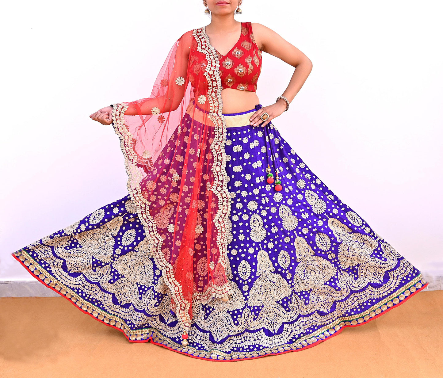 Pre-Owned Abu Jani Blue Red Raw Silk Bridal Lehenga 3pc Set, Hand Embroidered Couture Outfit, Designer Wedding Lehenga with Dupatta