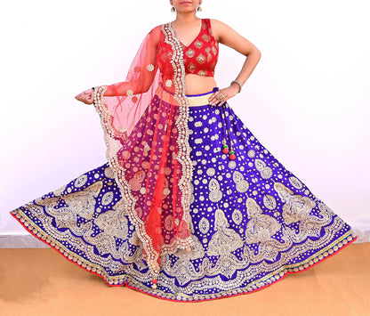 Pre-Owned Abu Jani Blue Red Raw Silk Bridal Lehenga 3pc Set, Hand Embroidered Couture Outfit, Designer Wedding Lehenga with Dupatta