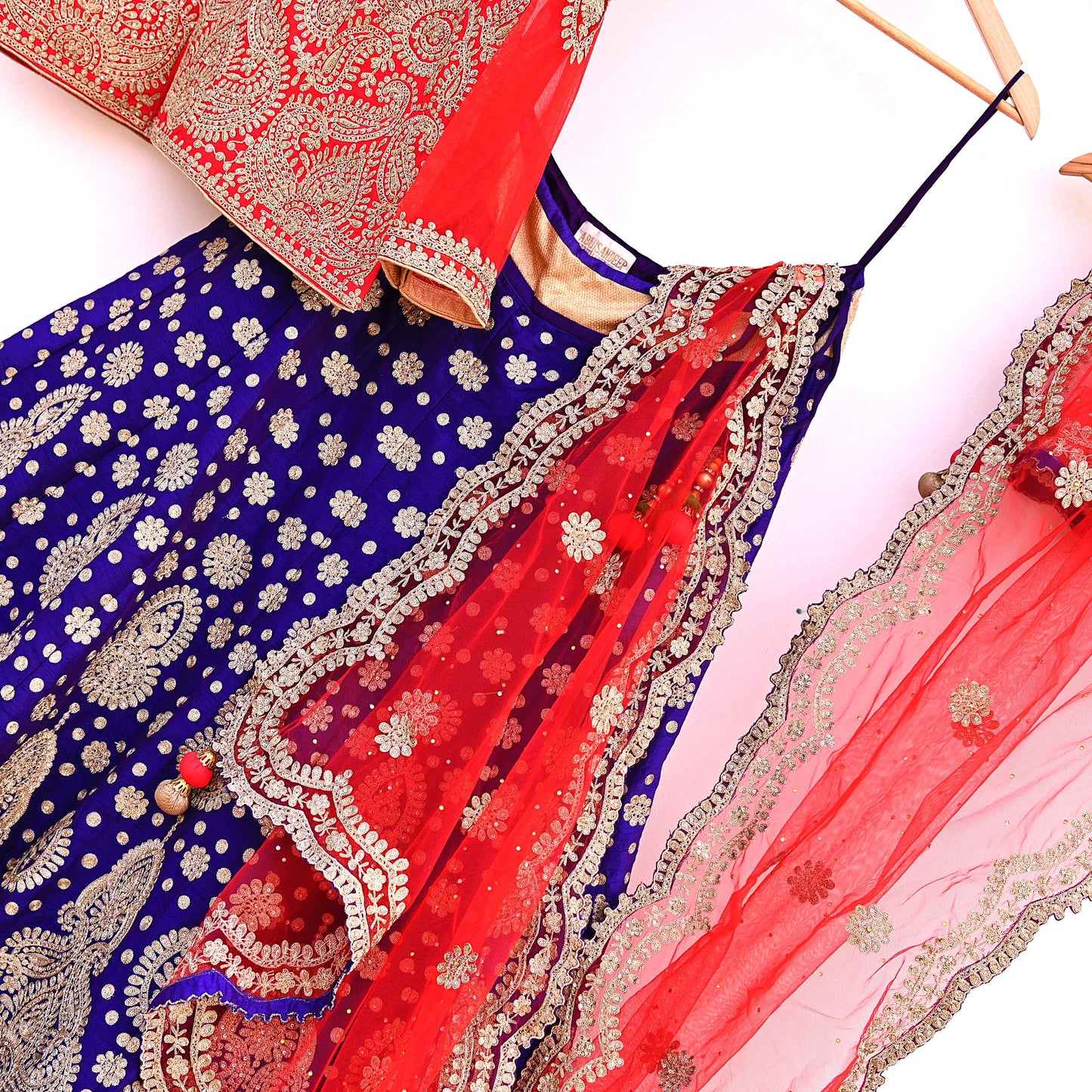 Pre-Owned Abu Jani Blue Red Raw Silk Bridal Lehenga 3pc Set, Hand Embroidered Couture Outfit, Designer Wedding Lehenga with Dupatta