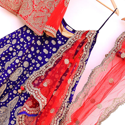 Pre-Owned Abu Jani Blue Red Raw Silk Bridal Lehenga 3pc Set, Hand Embroidered Couture Outfit, Designer Wedding Lehenga with Dupatta