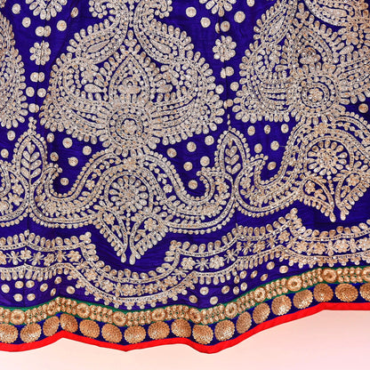 Pre-Owned Abu Jani Blue Red Raw Silk Bridal Lehenga 3pc Set, Hand Embroidered Couture Outfit, Designer Wedding Lehenga with Dupatta