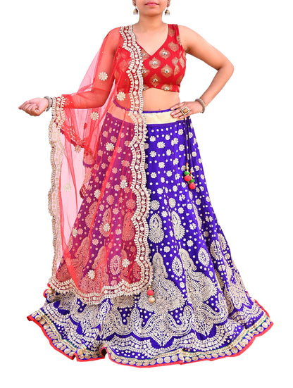 Pre-Owned Abu Jani Blue Red Raw Silk Bridal Lehenga 3pc Set, Hand Embroidered Couture Outfit, Designer Wedding Lehenga with Dupatta
