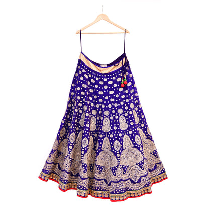 Pre-Owned Abu Jani Blue Red Raw Silk Bridal Lehenga 3pc Set, Hand Embroidered Couture Outfit, Designer Wedding Lehenga with Dupatta