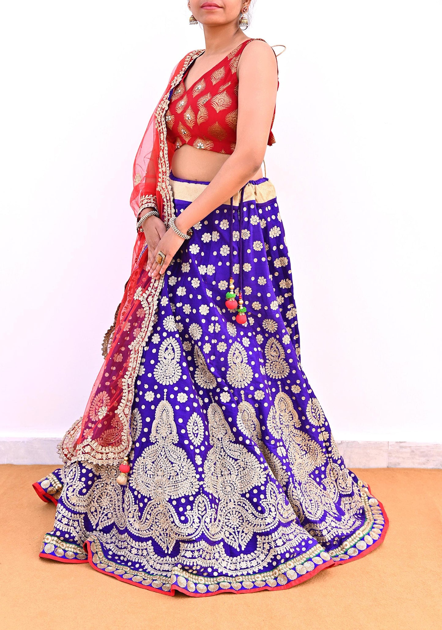 Pre-Owned Abu Jani Blue Red Raw Silk Bridal Lehenga 3pc Set, Hand Embroidered Couture Outfit, Designer Wedding Lehenga with Dupatta