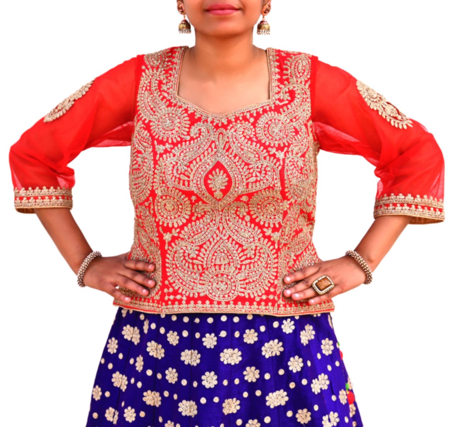 Indian Pre-owned Designer Abu jani Red Raw Silk Hand Embroidered Blouse/Top/Crop L Size Party wear Bollywood
