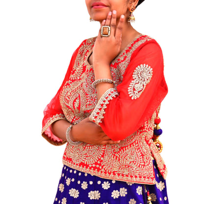Indian Pre-owned Designer Abu jani Red Raw Silk Hand Embroidered Blouse/Top/Crop L Size Party wear Bollywood